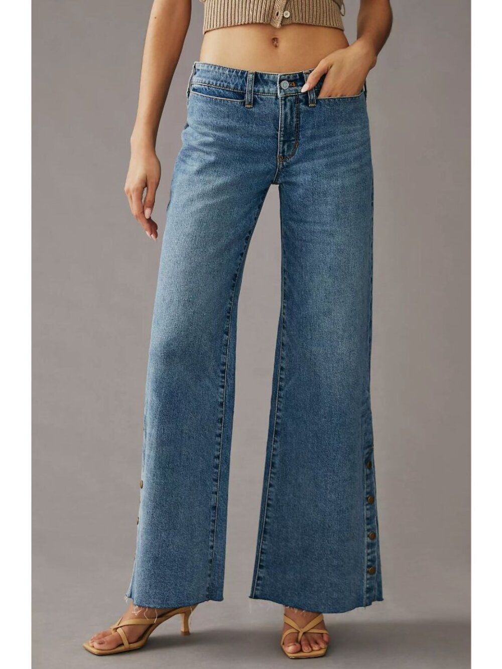 Anthropologie Pilcro Skater Low-Rise Wide-Leg Jeans Button Hem Frayed Blue 32